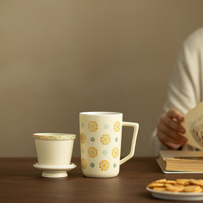 Authentic Jingdezhen Baoxiang Floral Porcelain Tea Separation Office Mug with Lid & Infuser - 420ml Ceramic Tea Mug
