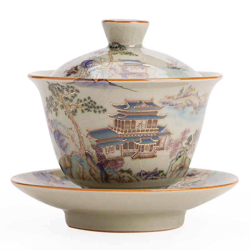 Authentic Ru Ware Landscape Celadon Crackle Sancai Gaiwan & Teacup Set with Gold Filigree - 5-Piece Gongfu Tea Set with Gift Box