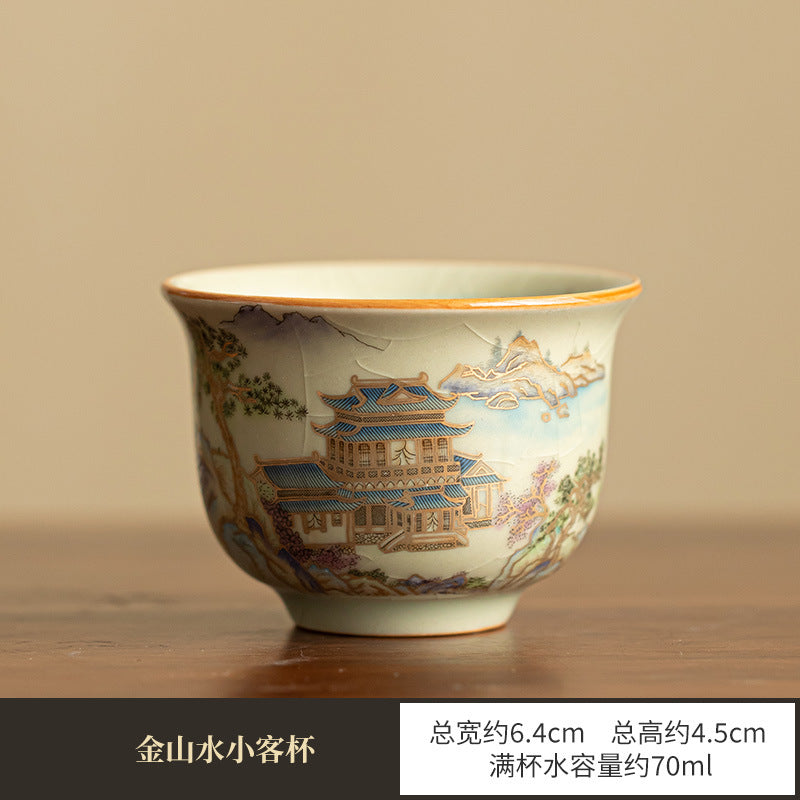 Authentic Ru Ware Landscape Celadon Crackle Sancai Gaiwan & Teacup Set with Gold Filigree - 5-Piece Gongfu Tea Set with Gift Box