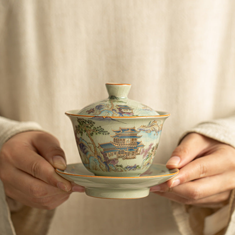 Authentic Ru Ware Landscape Celadon Crackle Sancai Gaiwan & Teacup Set with Gold Filigree - 5-Piece Gongfu Tea Set with Gift Box