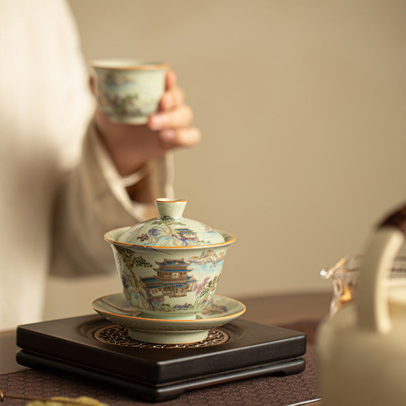 Authentic Ru Ware Landscape Celadon Crackle Sancai Gaiwan & Teacup Set with Gold Filigree - 5-Piece Gongfu Tea Set with Gift Box