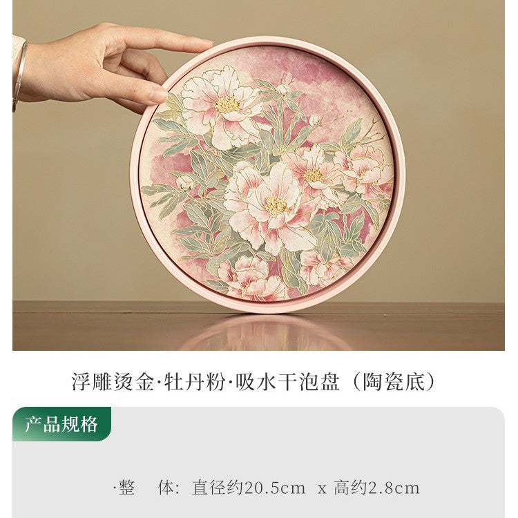 Gilded Embossed Relief Quick-Dry Ceramic Chachen Teaware Tray - 18cm Teaware Accessories