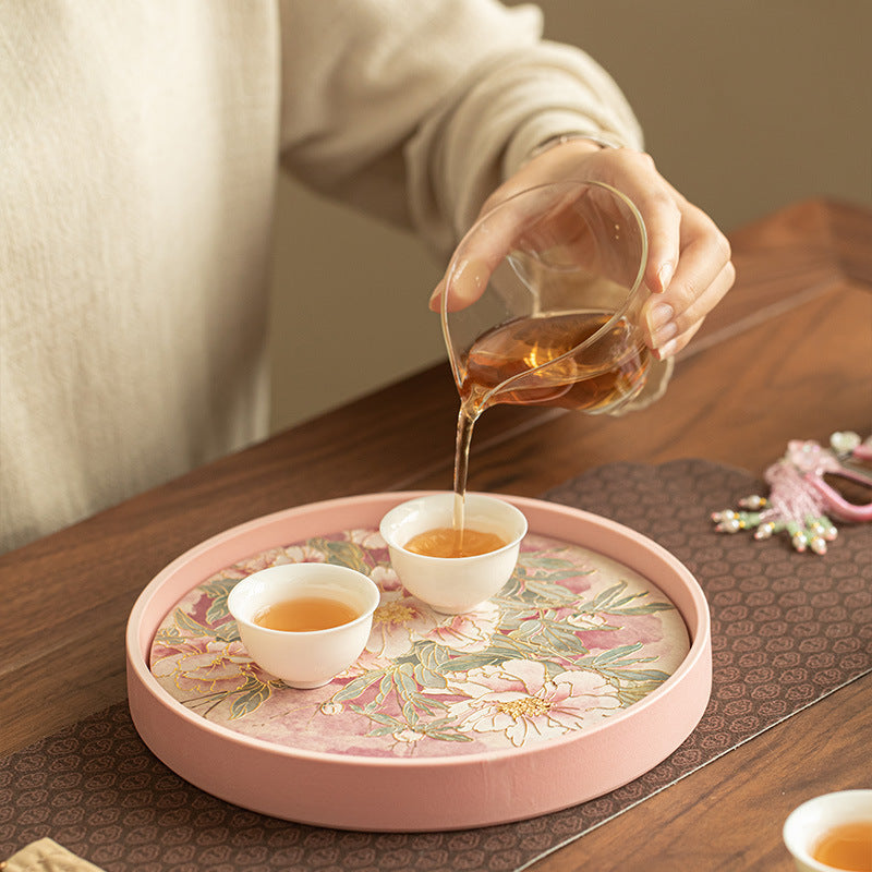 Gilded Embossed Relief Quick-Dry Ceramic Chachen Teaware Tray - 18cm Teaware Accessories