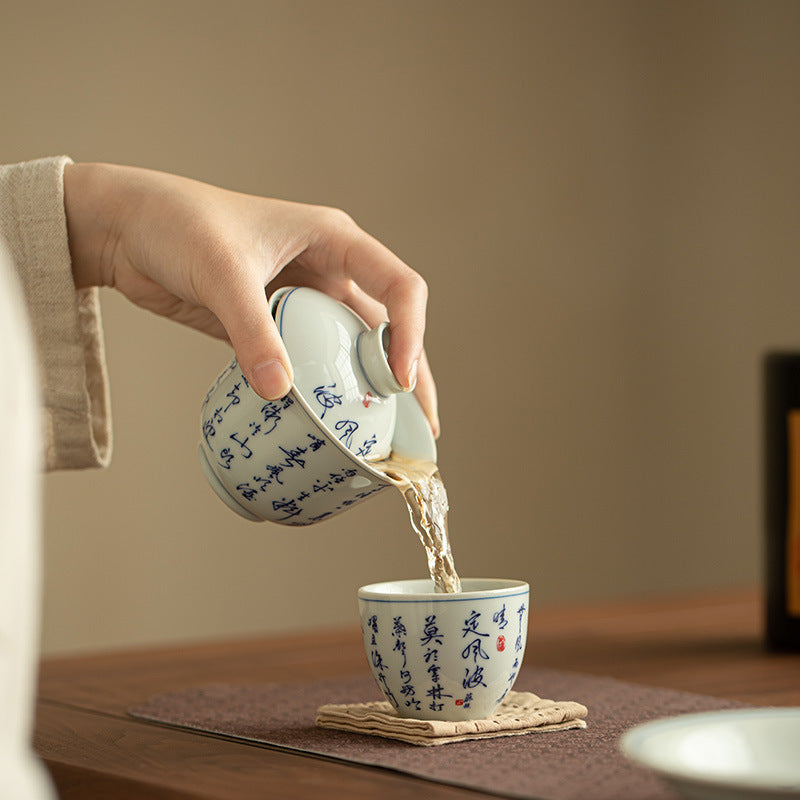Authentic Jingdezhen Hand-Calligraphed Poetry Blue & White Porcelain Sancai Gaiwan & Teacup Set - 6-Piece Gongfu Tea Set with Gift Box