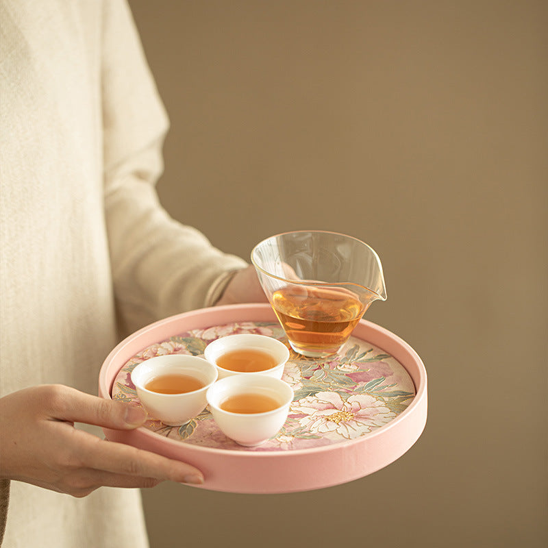 Gilded Embossed Relief Quick-Dry Ceramic Chachen Teaware Tray - 18cm Teaware Accessories