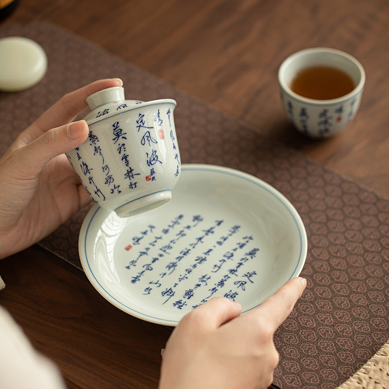 Authentic Jingdezhen Hand-Calligraphed Poetry Blue & White Porcelain Sancai Gaiwan & Teacup Set - 6-Piece Gongfu Tea Set with Gift Box