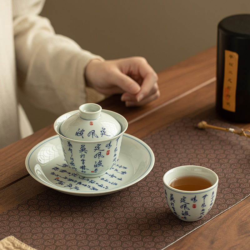 Authentic Jingdezhen Hand-Calligraphed Poetry Blue & White Porcelain Sancai Gaiwan & Teacup Set - 6-Piece Gongfu Tea Set with Gift Box