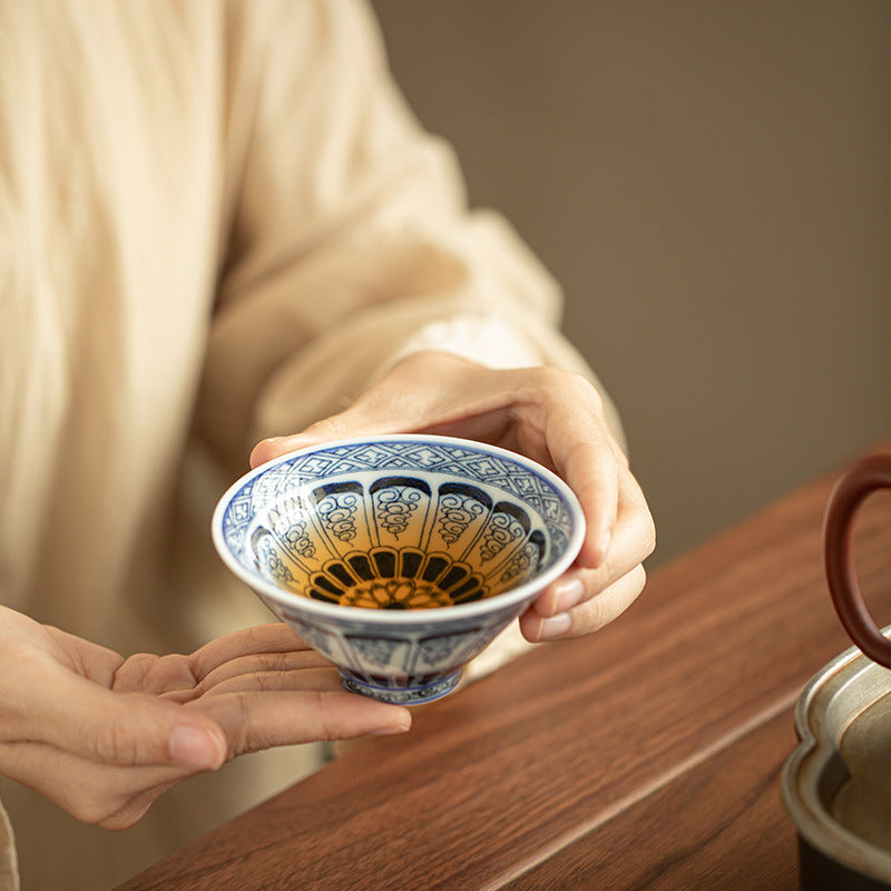 Authentic Jingdezhen Hand-Painted Underglaze Blue & White Baoxiang Floral Conical Master Cup - 65ml Gongfu Teacup