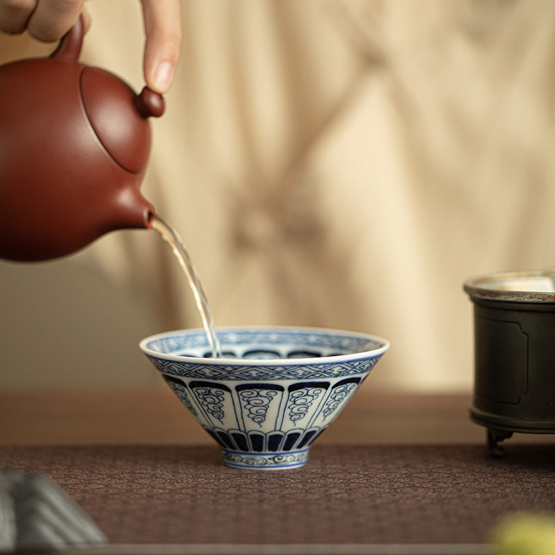 Authentic Jingdezhen Hand-Painted Underglaze Blue & White Baoxiang Floral Conical Master Cup - 65ml Gongfu Teacup