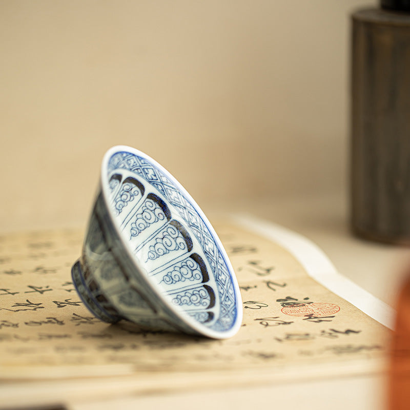 Authentic Jingdezhen Hand-Painted Underglaze Blue & White Baoxiang Floral Conical Master Cup - 65ml Gongfu Teacup