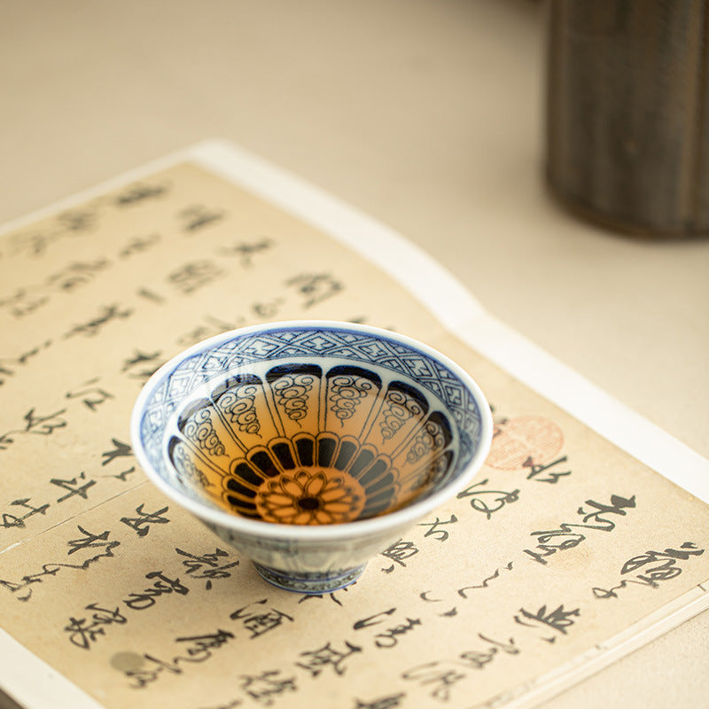 Authentic Jingdezhen Hand-Painted Underglaze Blue & White Baoxiang Floral Conical Master Cup - 65ml Gongfu Teacup