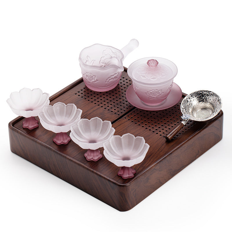 Handcrafted Frosted Liuli Crystal Glass Complete Gongfu Tea Set with Tray & Luxury Gift Box