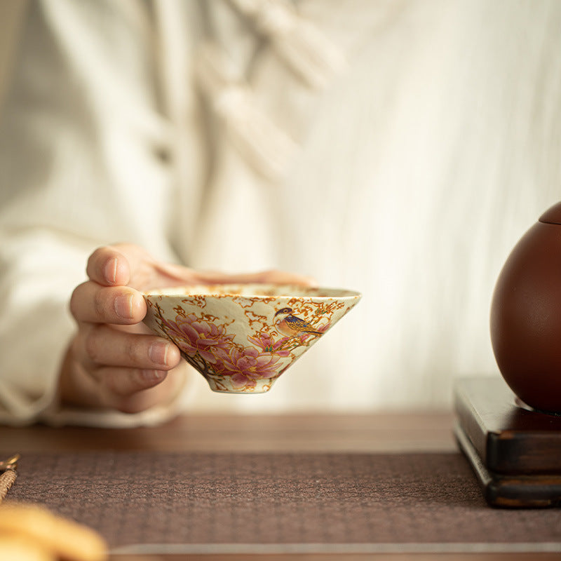 Authentic Jingdezhen Flint Red Blue & White Chirping Birds Conical Master Tasting Cup - 70ml Gongfu Teacup