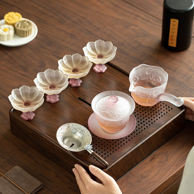 Handcrafted Frosted Liuli Crystal Glass Complete Gongfu Tea Set with Tray & Luxury Gift Box