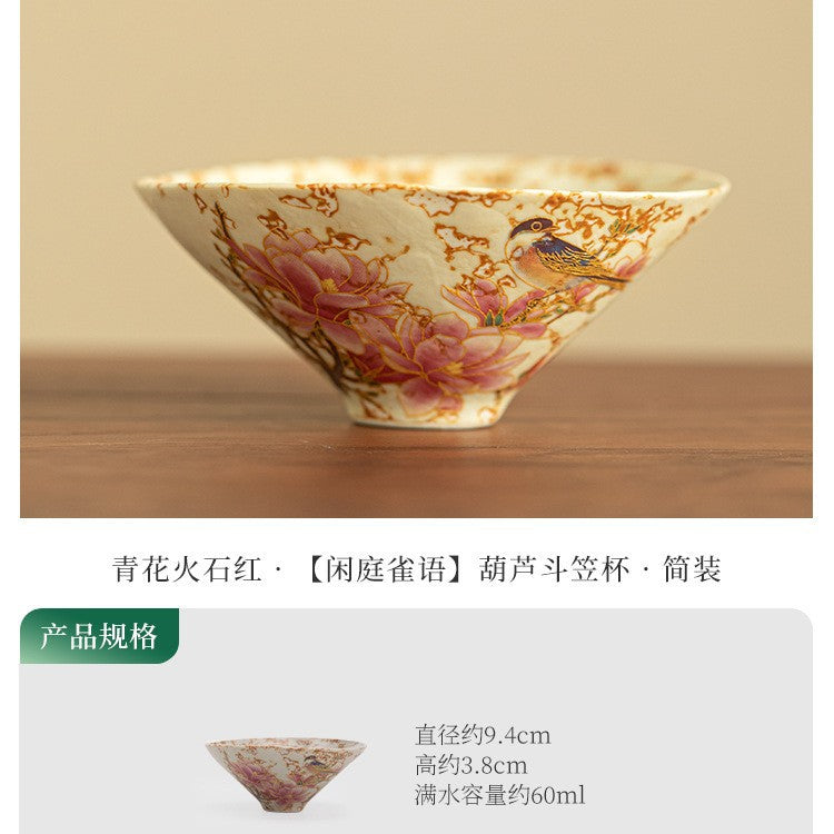 Authentic Jingdezhen Flint Red Blue & White Chirping Birds Conical Master Tasting Cup - 70ml Gongfu Teacup