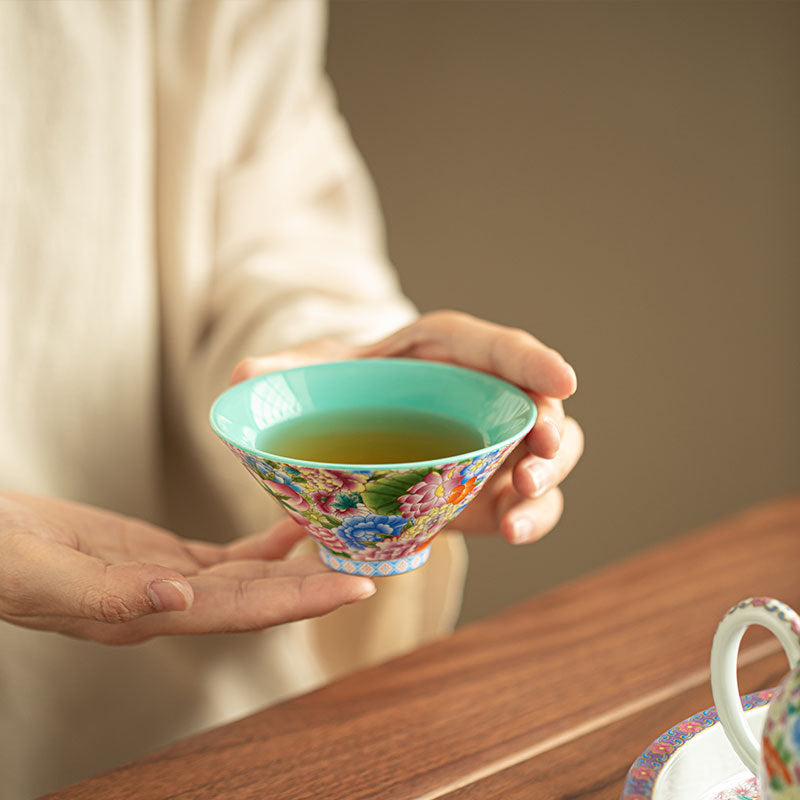 Authentic Jingdezhen Hand-Painted Enamel Blooming Garden Conical Master Teacup - 80ml Gongfu Teacup