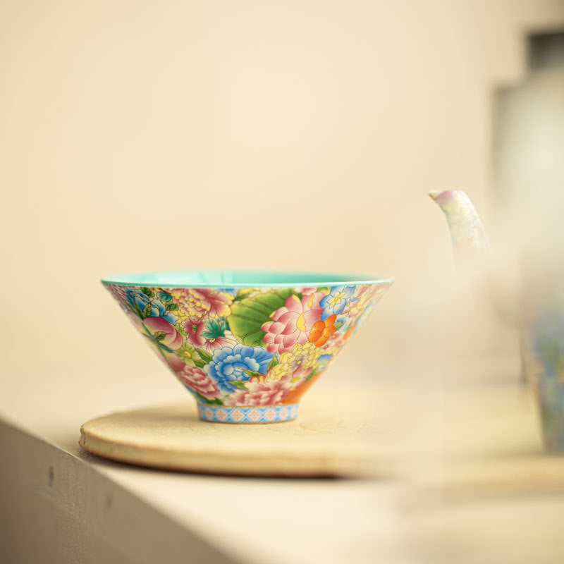 Authentic Jingdezhen Hand-Painted Enamel Blooming Garden Conical Master Teacup - 80ml Gongfu Teacup