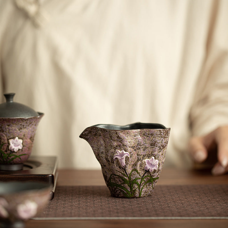 Handcrafted Old Rock Mud Coarse Stoneware Lily Blossom Fairness Pitcher - 200ml Gongfu Tea Fairness Cup