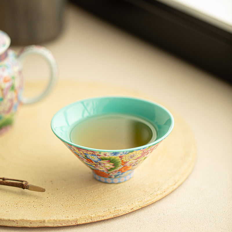 Authentic Jingdezhen Hand-Painted Enamel Blooming Garden Conical Master Teacup - 80ml Gongfu Teacup