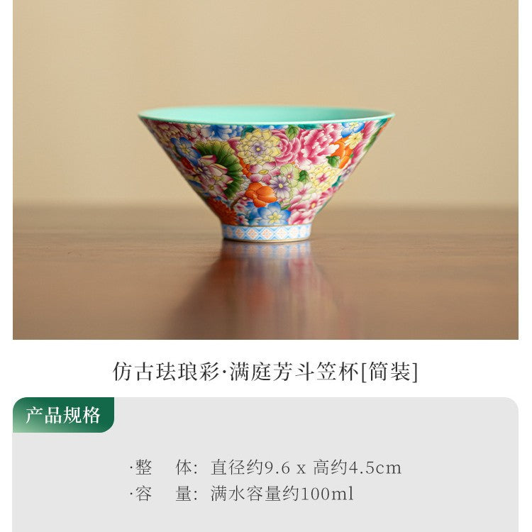 Authentic Jingdezhen Hand-Painted Enamel Blooming Garden Conical Master Teacup - 80ml Gongfu Teacup