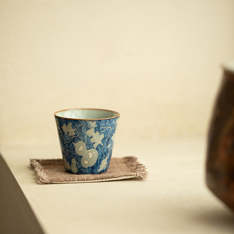 Authentic Jingdezhen Ru Ware Celadon Crackle & Yuan Blue-and-White Gourd Master Cup - 75ml Gongfu Teacup