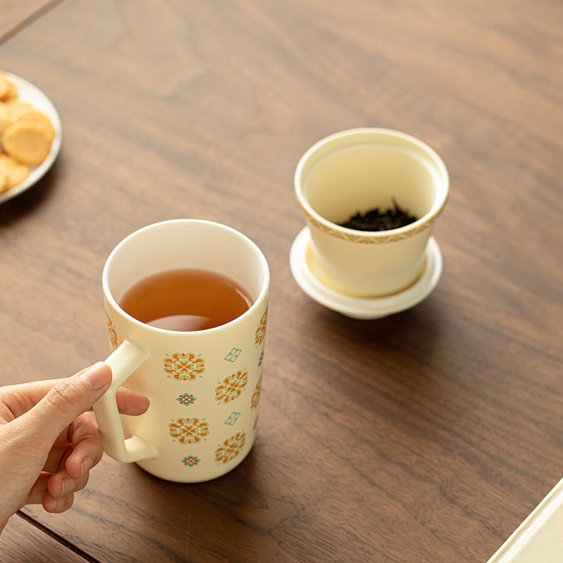 Authentic Jingdezhen Baoxiang Floral Porcelain Tea Separation Office Mug with Lid & Infuser - 420ml Ceramic Tea Mug