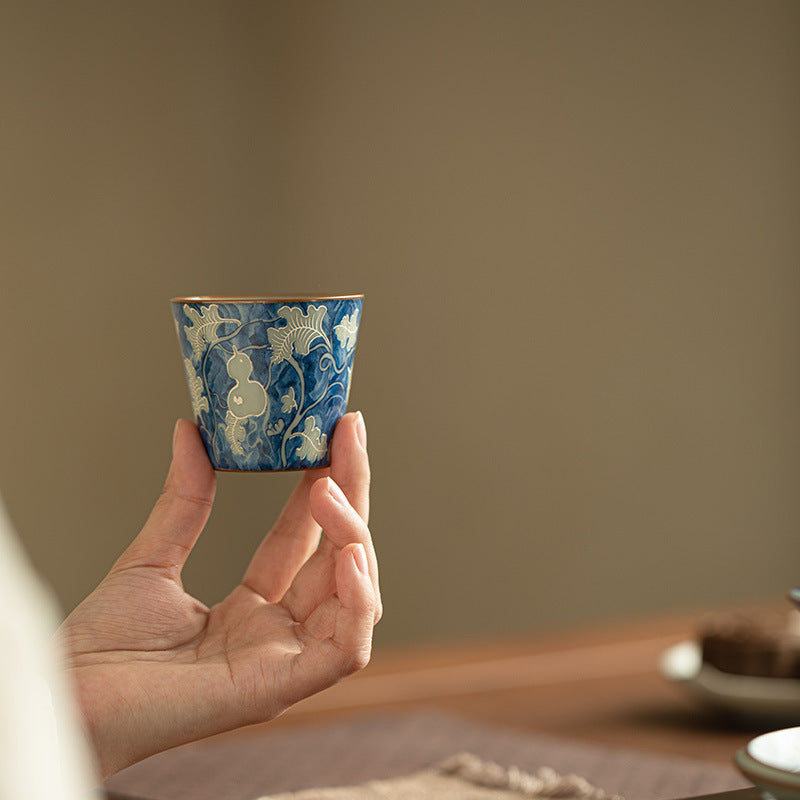 Authentic Jingdezhen Ru Ware Celadon Crackle & Yuan Blue-and-White Gourd Master Cup - 75ml Gongfu Teacup