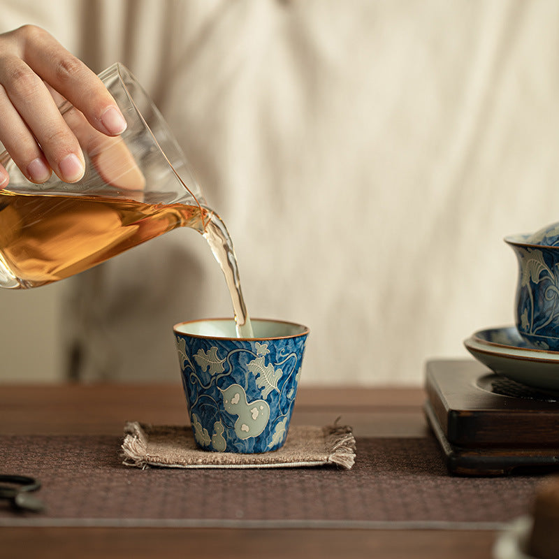 Authentic Jingdezhen Ru Ware Celadon Crackle & Yuan Blue-and-White Gourd Master Cup - 75ml Gongfu Teacup