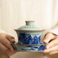 Authentic Jingdezhen Hand-Painted Blue & White Shanshui Landscape Large Sancai Gaiwan Tea Bowl - 180ml