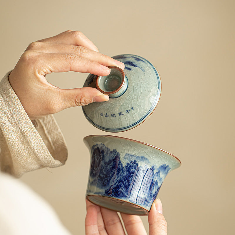 Authentic Jingdezhen Hand-Painted Blue & White Shanshui Landscape Large Sancai Gaiwan Tea Bowl - 180ml
