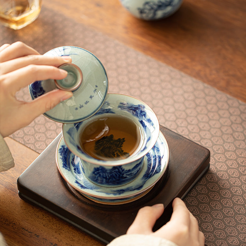 Authentic Jingdezhen Hand-Painted Blue & White Shanshui Landscape Large Sancai Gaiwan Tea Bowl - 180ml