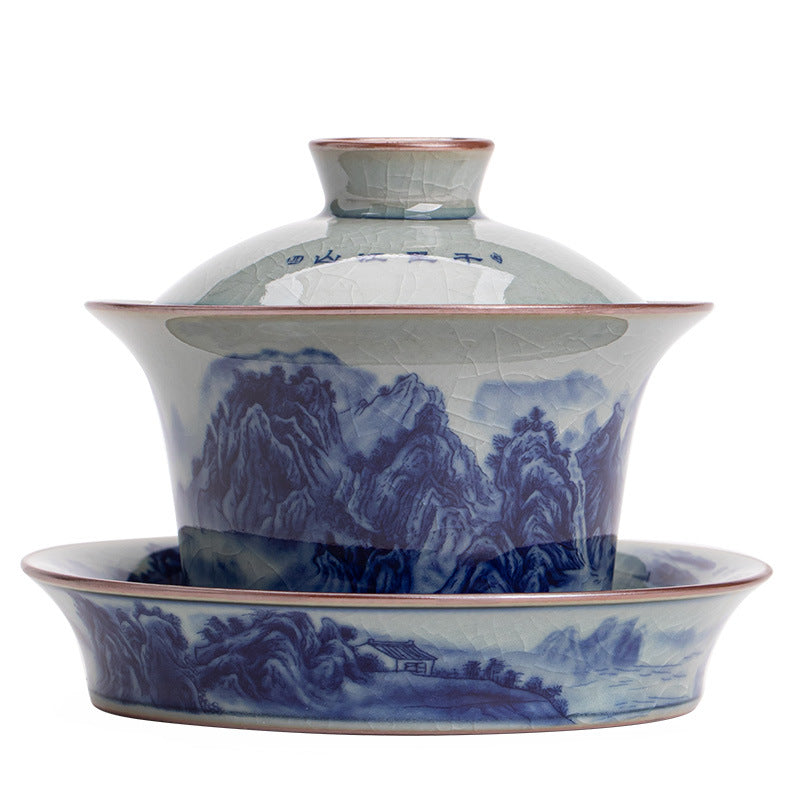 Authentic Jingdezhen Hand-Painted Blue & White Shanshui Landscape Large Sancai Gaiwan Tea Bowl - 180ml