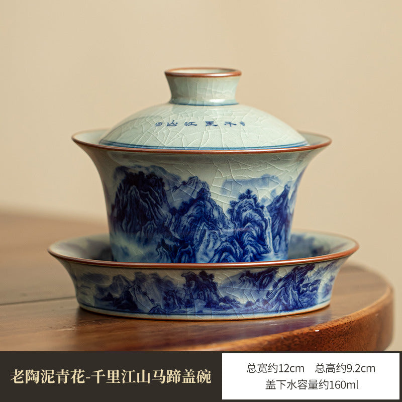 Authentic Jingdezhen Hand-Painted Blue & White Shanshui Landscape Large Sancai Gaiwan Tea Bowl - 180ml