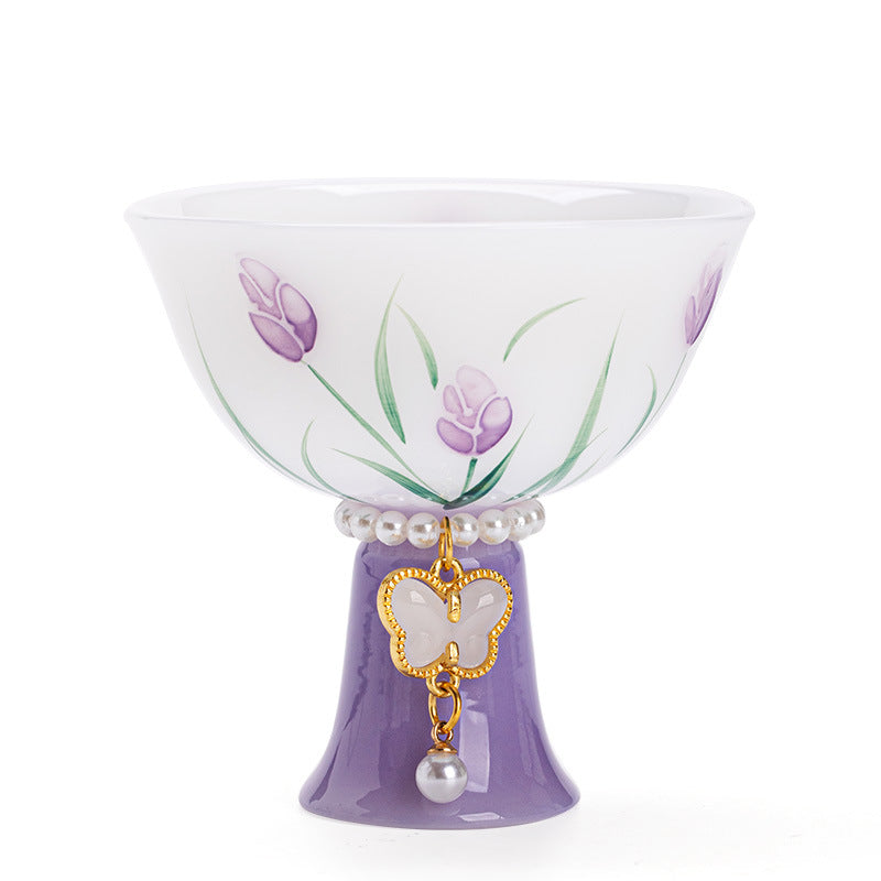 Handcrafted Dehua Ice Mutton Fat Jade Hand-Painted Tulip High-Stem Master Teacup - 85ml Gongfu Teacup