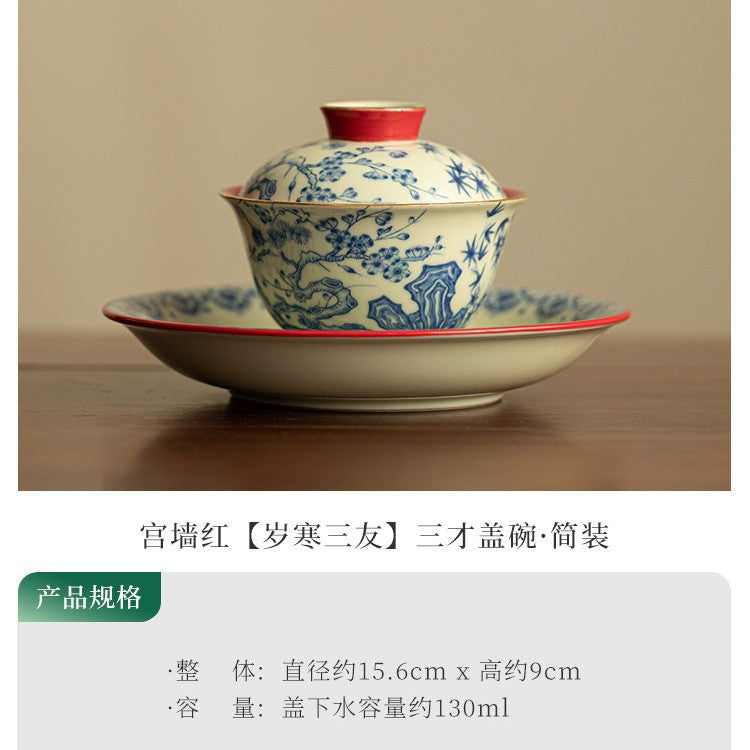 Authentic Jingdezhen Palace Red Three Friends of Winter Sancai Gaiwan with Large Chachen Teaware Tray - 180ml Gaiwan Tea Bowl Set