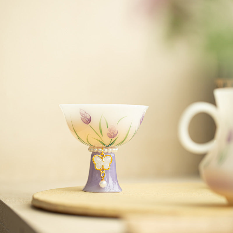 Handcrafted Dehua Ice Mutton Fat Jade Hand-Painted Tulip High-Stem Master Teacup - 85ml Gongfu Teacup