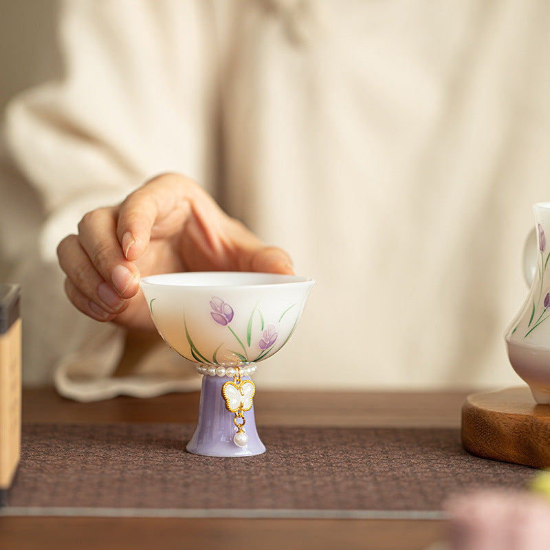 Handcrafted Dehua Ice Mutton Fat Jade Hand-Painted Tulip High-Stem Master Teacup - 85ml Gongfu Teacup