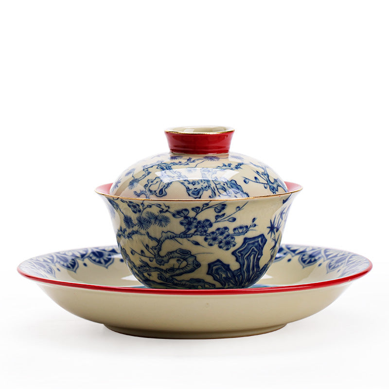Authentic Jingdezhen Palace Red Three Friends of Winter Sancai Gaiwan with Large Chachen Teaware Tray - 180ml Gaiwan Tea Bowl Set