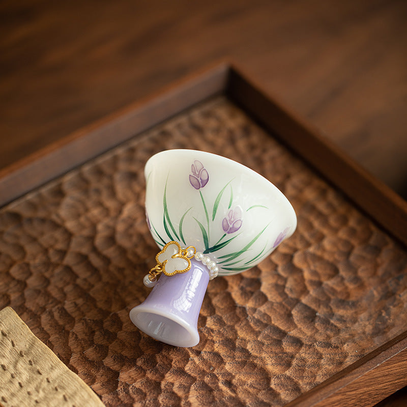 Handcrafted Dehua Ice Mutton Fat Jade Hand-Painted Tulip High-Stem Master Teacup - 85ml Gongfu Teacup