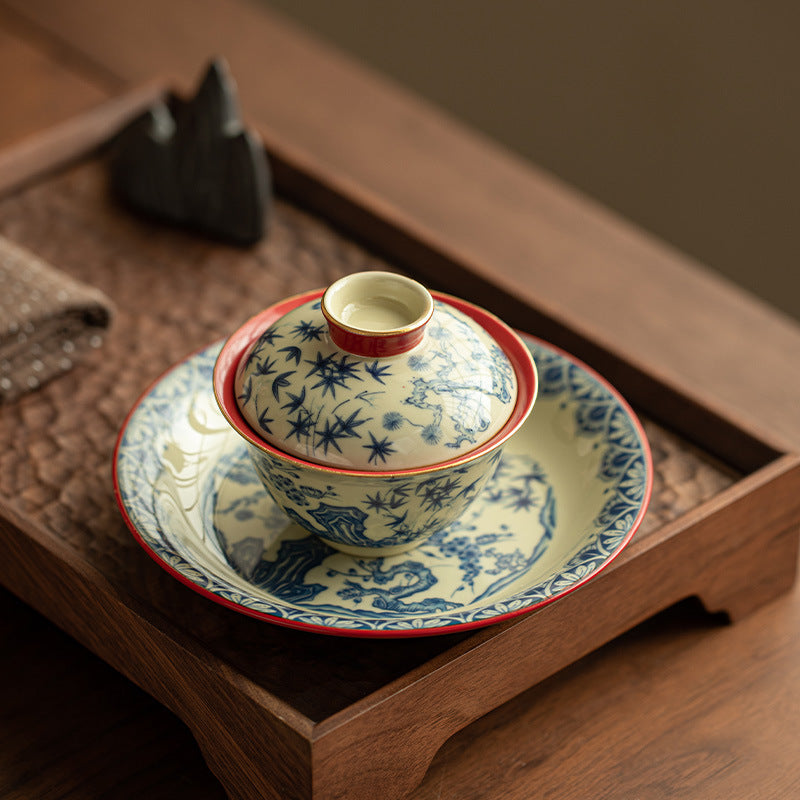 Authentic Jingdezhen Palace Red Three Friends of Winter Sancai Gaiwan with Large Chachen Teaware Tray - 180ml Gaiwan Tea Bowl Set