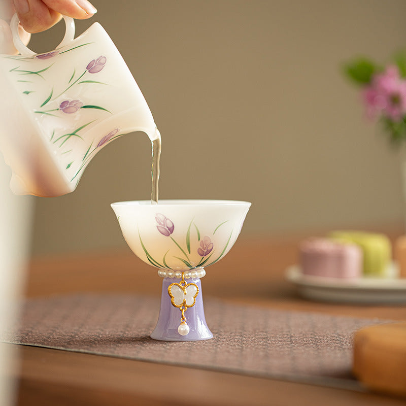 Handcrafted Dehua Ice Mutton Fat Jade Hand-Painted Tulip High-Stem Master Teacup - 85ml Gongfu Teacup
