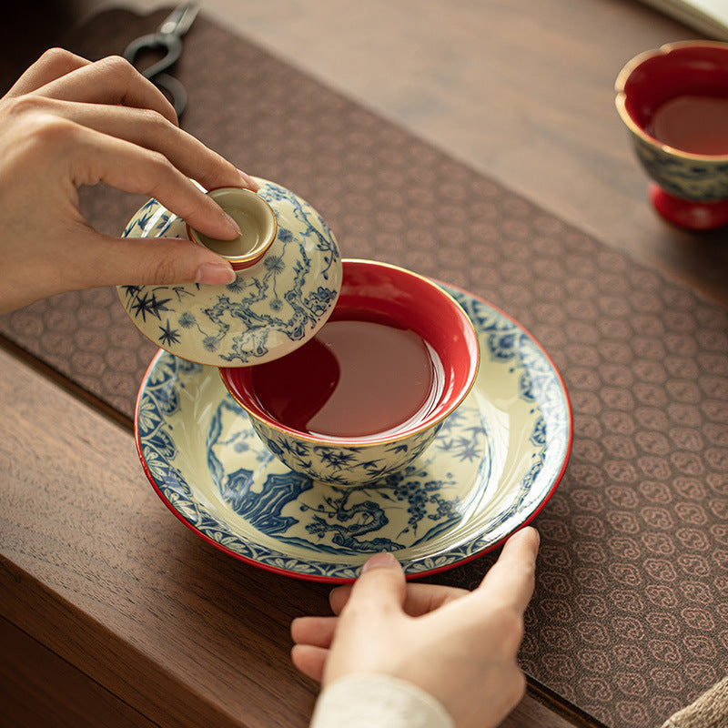 Authentic Jingdezhen Palace Red Three Friends of Winter Sancai Gaiwan with Large Chachen Teaware Tray - 180ml Gaiwan Tea Bowl Set