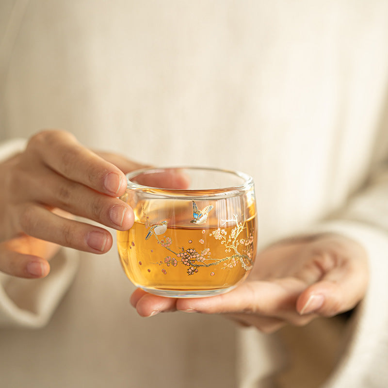 Double-Walled Heat-Resistant Borosilicate Glass Magpie Spring Master Teacup - 90ml Gongfu Teacup