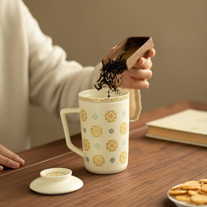 Authentic Jingdezhen Baoxiang Floral Porcelain Tea Separation Office Mug with Lid & Infuser - 420ml Ceramic Tea Mug