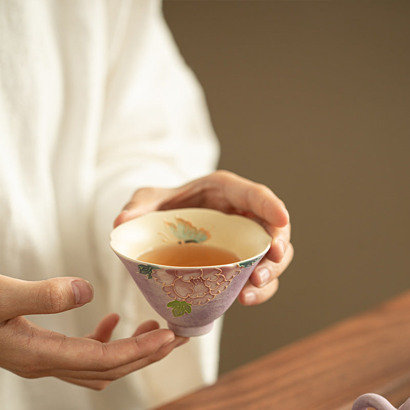 Authentic Jingdezhen Hand-Painted Peony Blossom Conical Master Tasting Cup - 65ml Gongfu Teacup