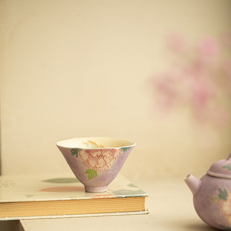 Authentic Jingdezhen Hand-Painted Peony Blossom Conical Master Tasting Cup - 65ml Gongfu Teacup