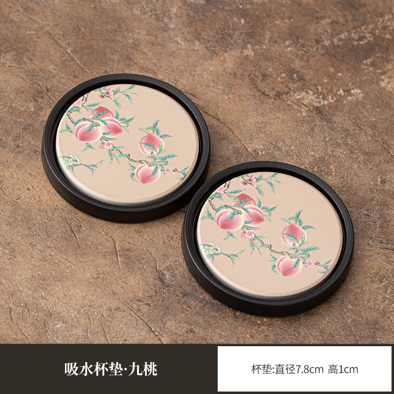 Antique Nine Peaches Quick-Dry Ceramic Teapot Bearing Coaster Tray - 16cm Teaware Accessories