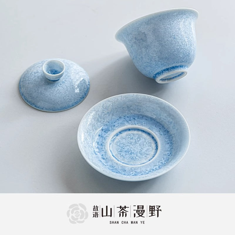 Authentic Blue Ice-Flower Crystalline Flambé Large San Cai Gaiwan - 190ml Tea Bowl