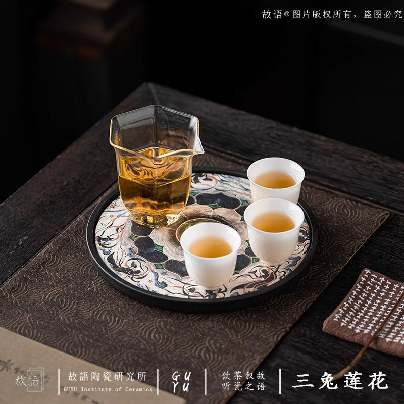 Authentic Dunhuang Caisson Three Hares Lotus Ceramic Absorbent Pot Bearer Tray - 20cm Teaware