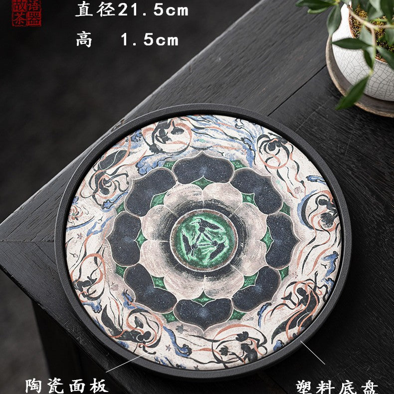 Authentic Dunhuang Caisson Three Hares Lotus Ceramic Absorbent Pot Bearer Tray - 20cm Teaware